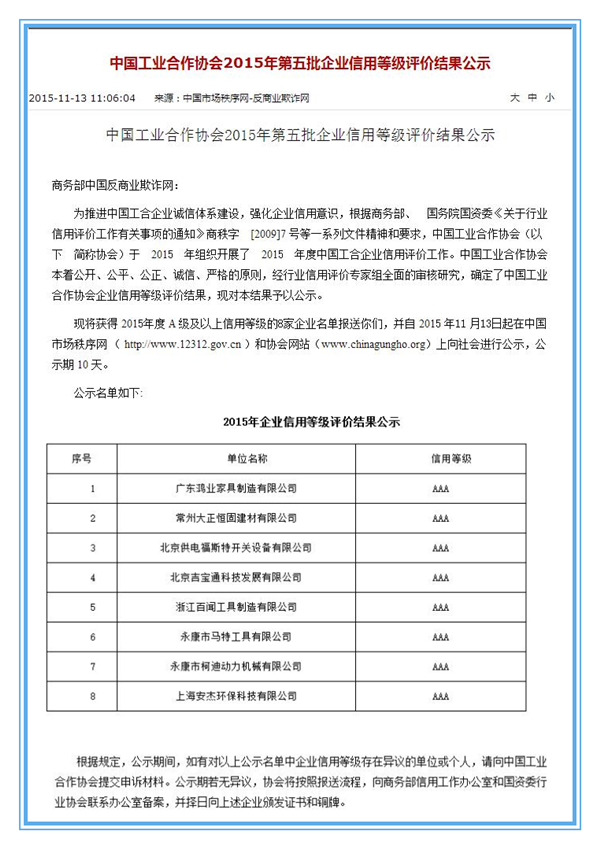 中國工業合作協會企業信用等級評價結果公告